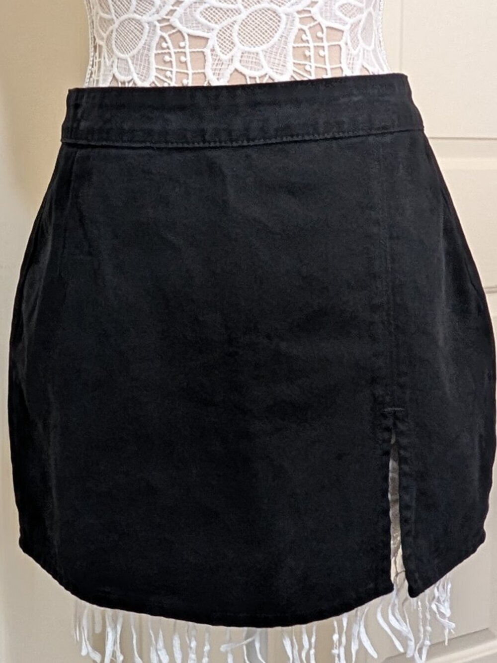 Lioness Black Denim Mini Skirt Front Slit Large